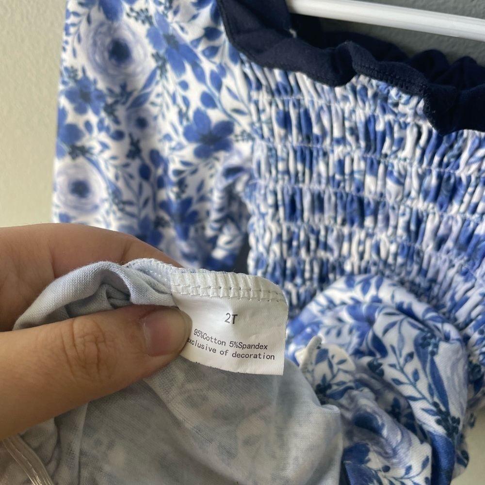 Thomas & Turner Blue and White Floral Long Sleeve Smocked Bubble Romper - Picture 4 of 4